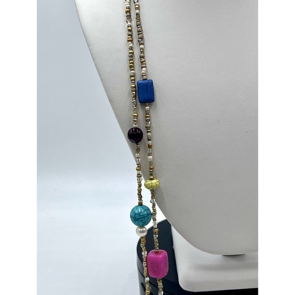 CHICO'S Multi Color and Shapes Beaded Double Strand Matte Gold Tone Necklace - Picture 5 of 16